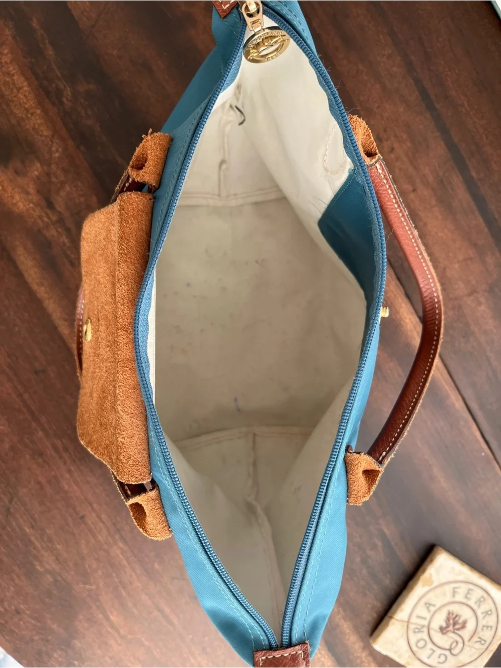 Longchamp Teal Nylon Le Pliage Small Tote Brown Leather Trim. 14”wide x 8”tall